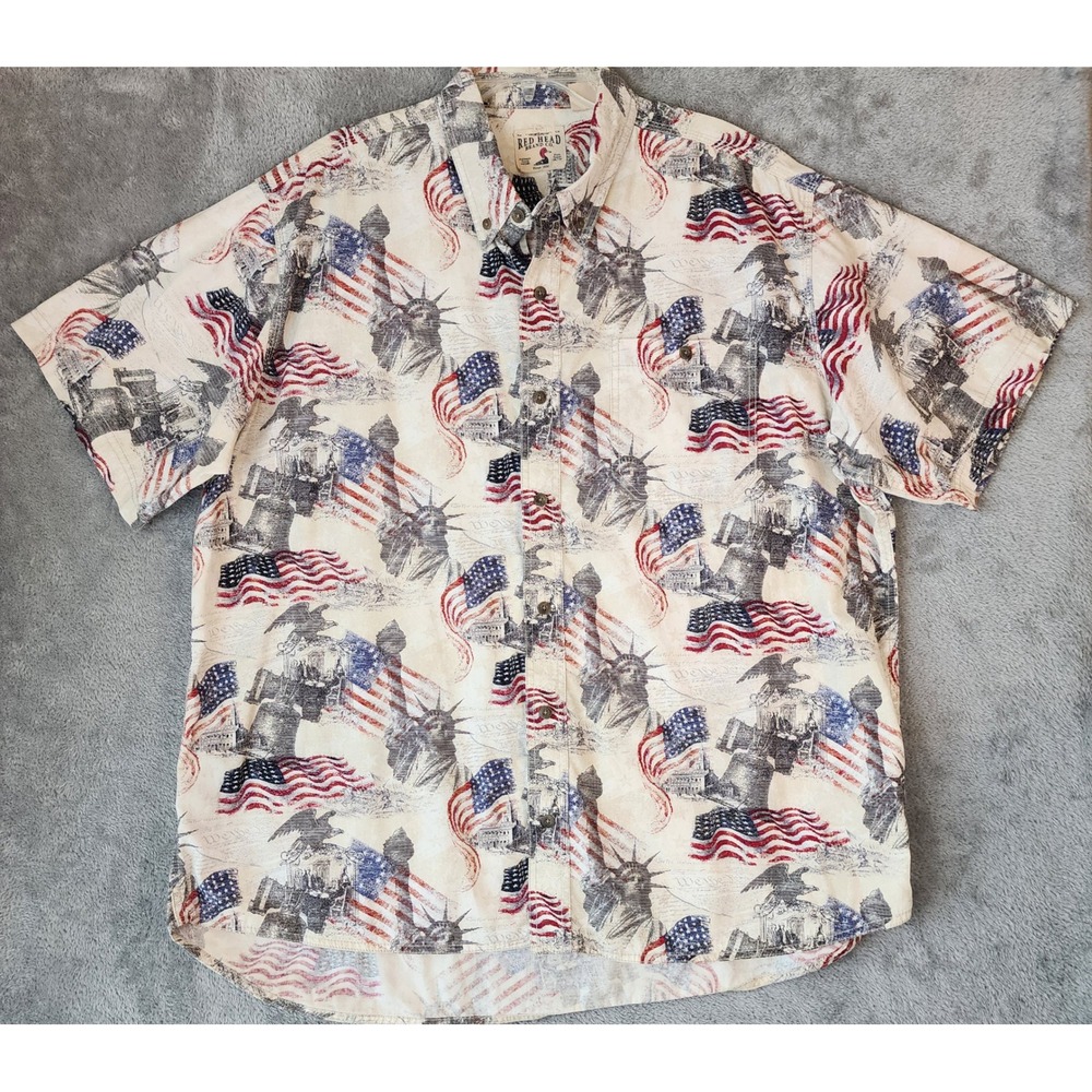 RedHead Shirt Mens 2XL Patriotic American Flag Statue of Liberty Button Down USA